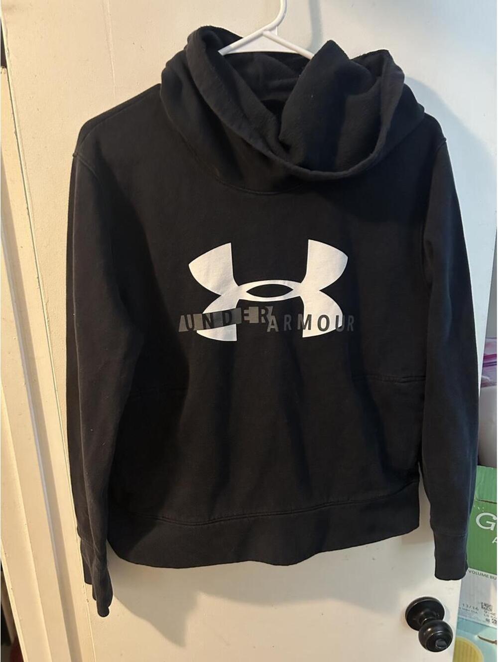 Black Under Armour cowl neck, graphic logo hoodie size M
